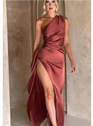sexy one-shoulder dress | backless slit dress | summer satin dress | ultrasonic cleaning