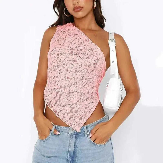 Ins Lace Backless Top Summer Solid Color Waistless Asymmetrical Sloped Neck Vest Streetwear Womens Clothes White - color v...