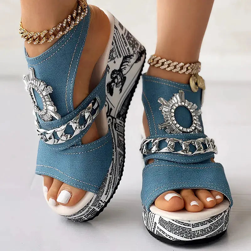 Newspaper Buckle Denim Wedge Slides - Anklet Not Included Meifu Market