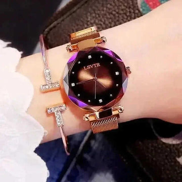 Women's Rose Gold Starry Sky Watch – Magnetic Mesh Quartz Wristwatch