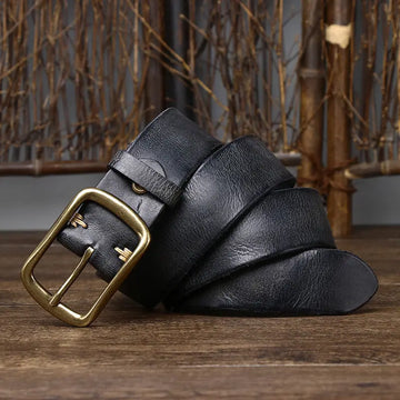 Men's Cowhide Vintage Distressed Pleated Brass Buckle Belt meifu market