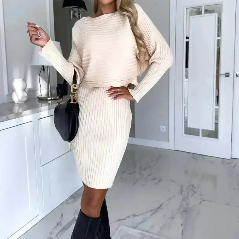 2pcs Suit Women's Solid Stripe Long-sleeved Top And Tight Suspender Skirt Fashion Autumn Winter Slim Clothing Meifu Market