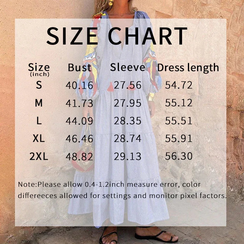 Women's Stripe Maxi Dress, V Neck Puff Long Sleeve With Tiered Ruffle Hem Swing Dress Meifu Market