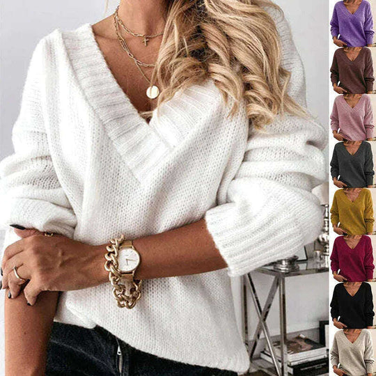 Solid V-neck Sweater Fashion Loose Long-sleeved Knitted Tops Autumn And Winter Women's Clothing Meifu Market