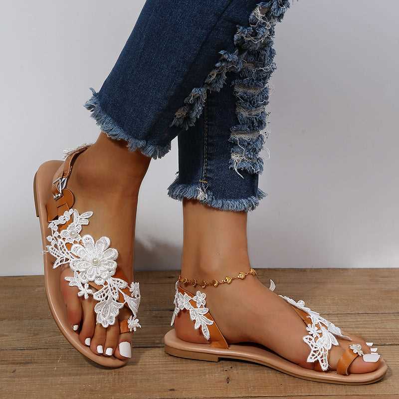 Lace Sandals Bohemia Beach Shoes Flowers Ankle Strap Flat Shoes Summer 