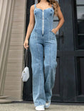 sleeveless denim jumpsuit | paneled zipper romper | adjustable waist jumpsuit | energy saving