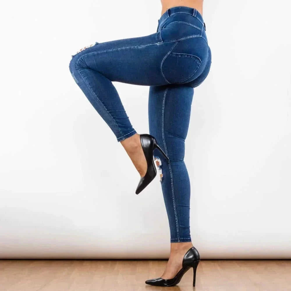 melody blue ripped jeans | high-waisted ripped jeggings | stretchy denim leggings | energy saving