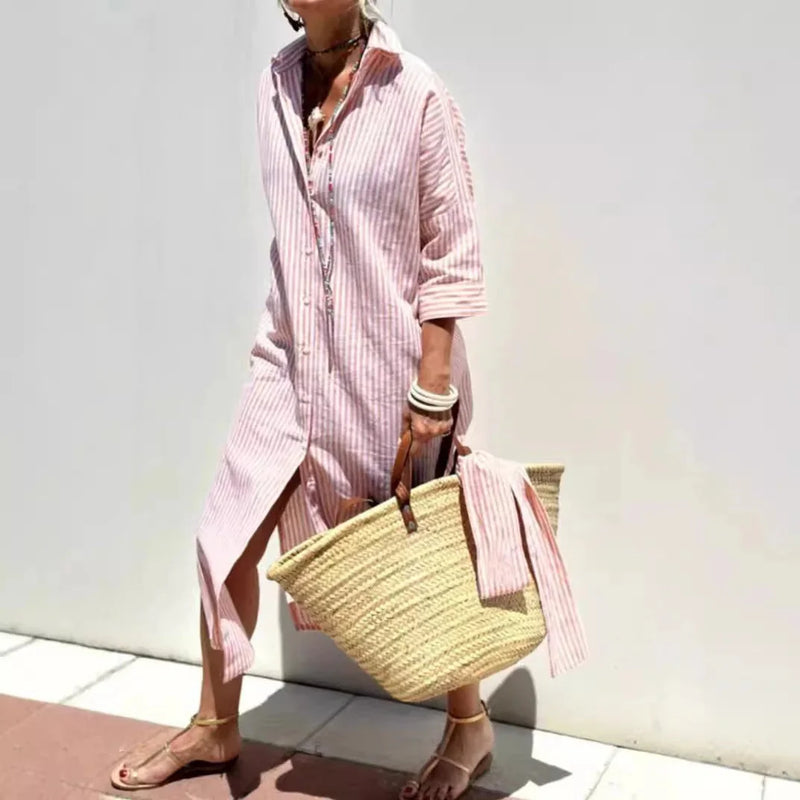 striped shirt dress with belt | half-sleeve button down dress | lapel collar cardigan dress | ultrasonic cleaning