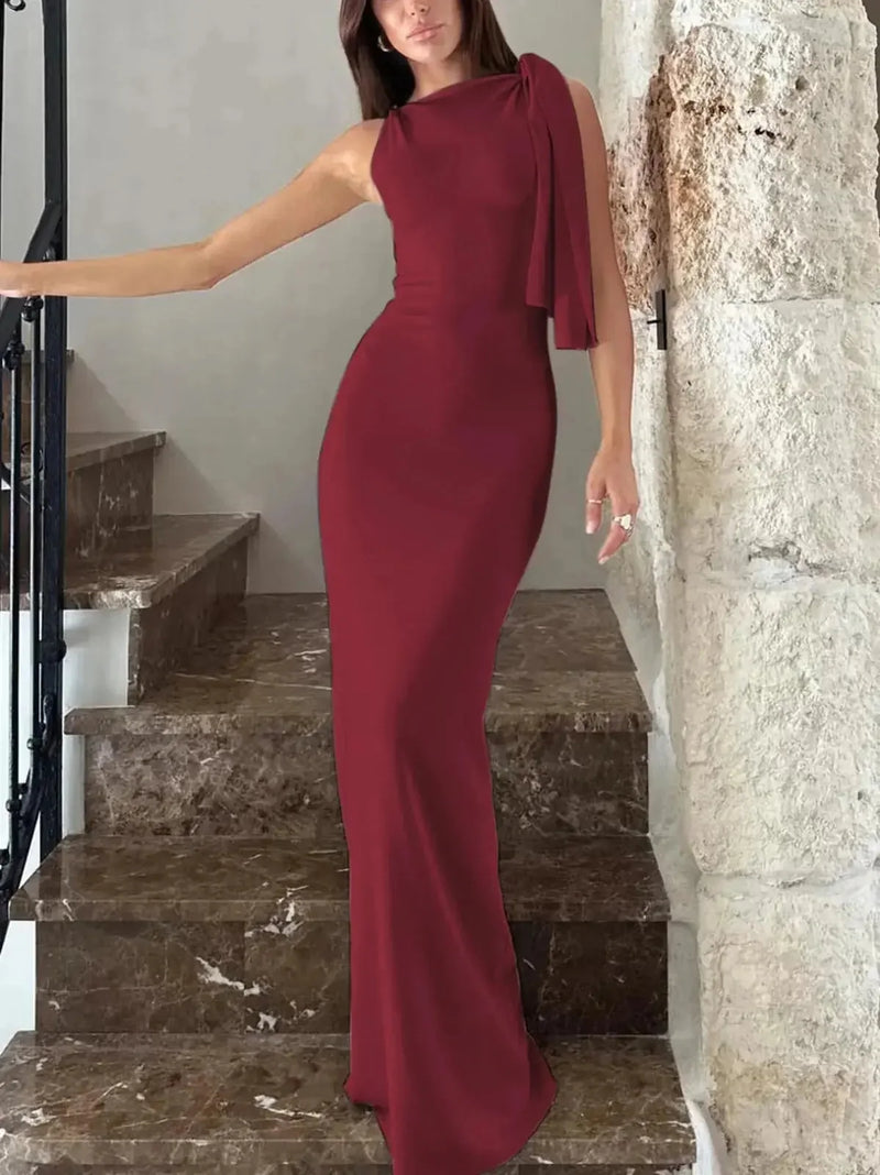 one shoulder evening dress | ribbon detail party dress | slim fit sleeveless dress | ultrasonic cleaning