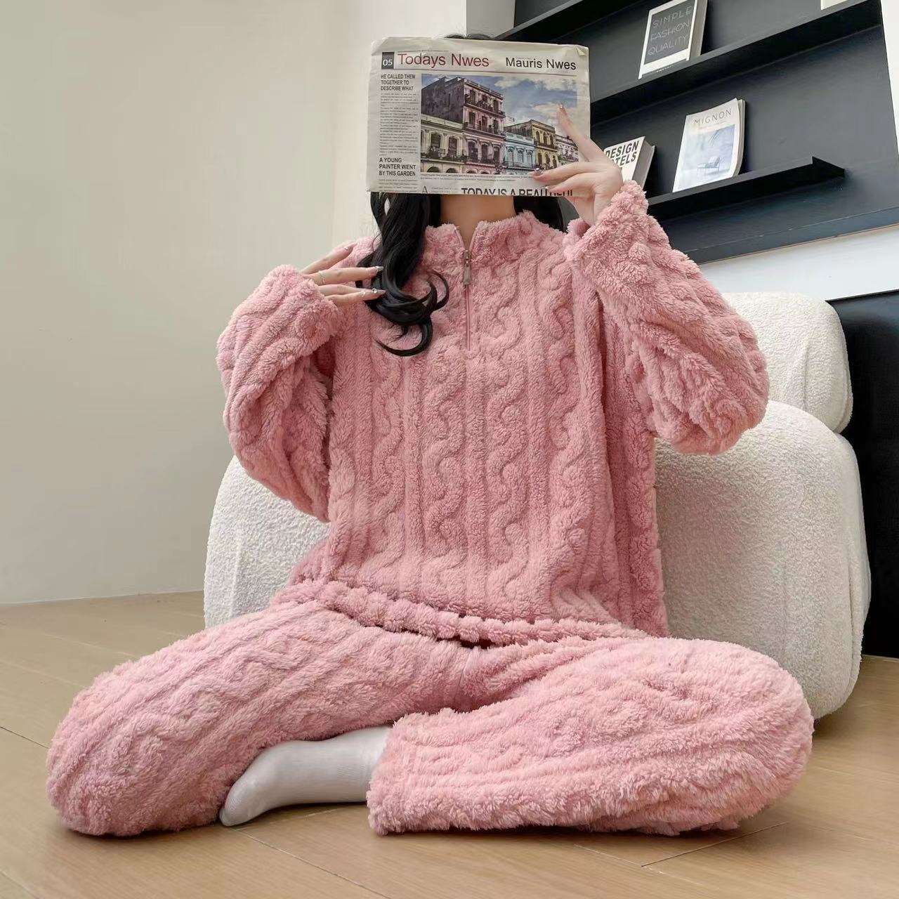 Autumn And Winter New Twist Zipper Couple Fleece-lined Thick Coral Fleece Pajamas Homewear Loungewear Sleepwear For Sleeping Meifu Market