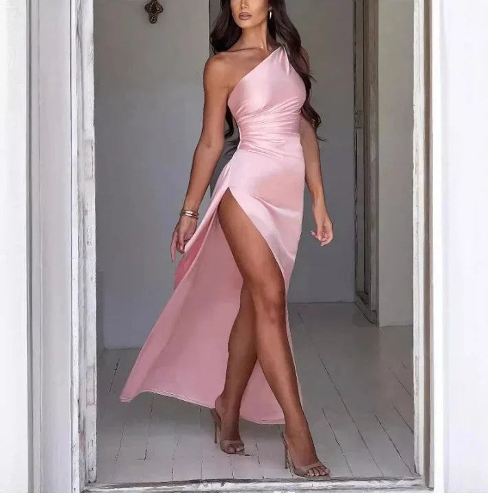 one shoulder satin dress | backless slit evening gown | elegant summer bodycon dress | energy saving