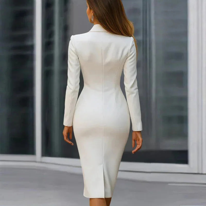 notch lapel midi dress | button front office dress | long sleeve formal wear | energy saving