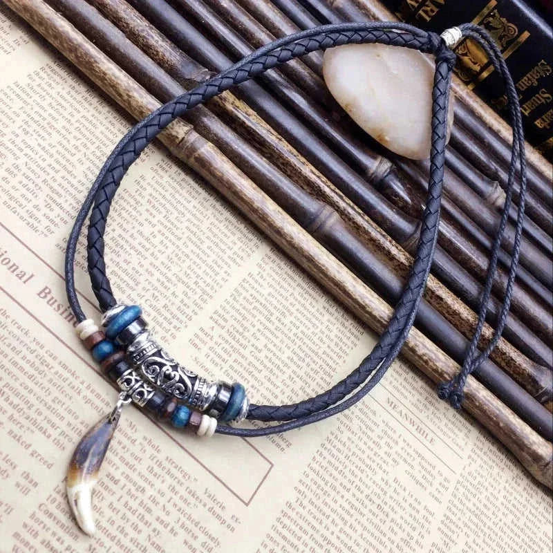vintage tribal necklace | boho leather jewelry | double layered braided necklace | energy saving