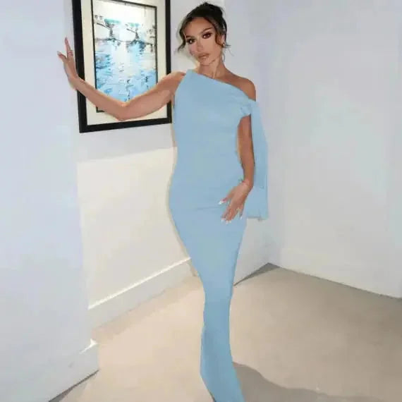 one shoulder evening dress | ribbon detail party dress | slim fit sleeveless dress | energy saving