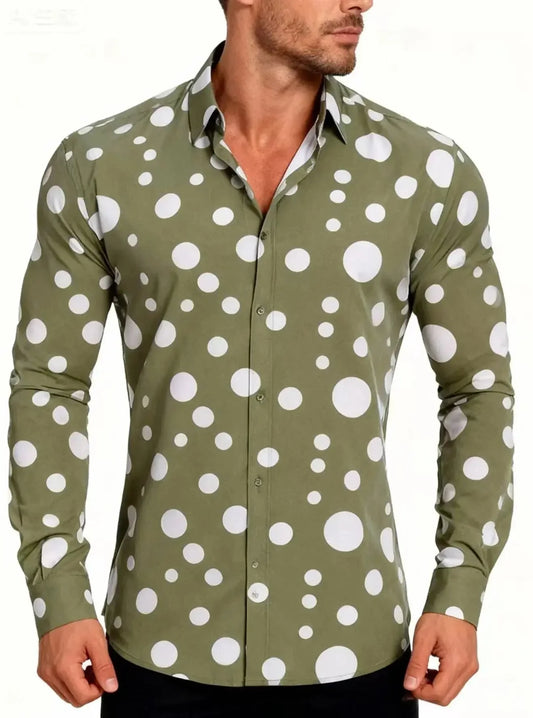 Men's Casual Long Sleeve Shirt - Polka Dot Print Button-Down for Teenagers and Men