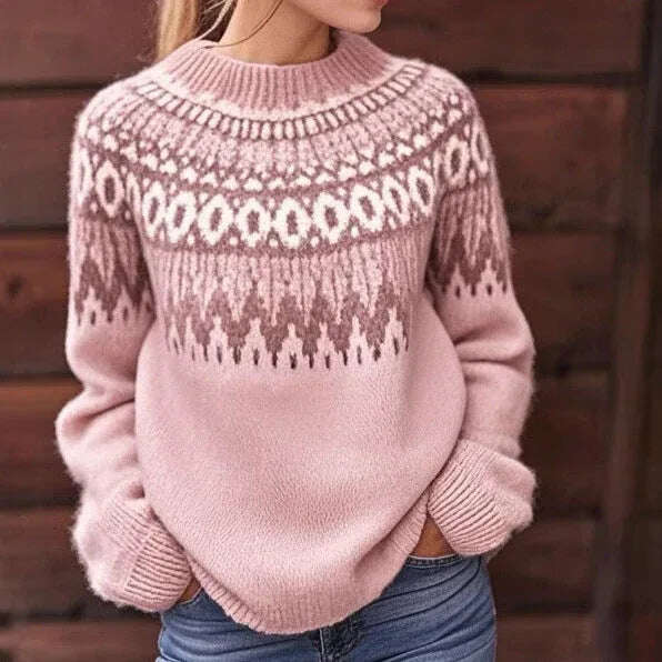 Round Neck Pullover Jacquard Vintage Print Sweater Meifu Market