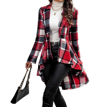 Plaid Pattern Button Front Jacket Long Sleeve High And Low Flared Jacket Meifu Market