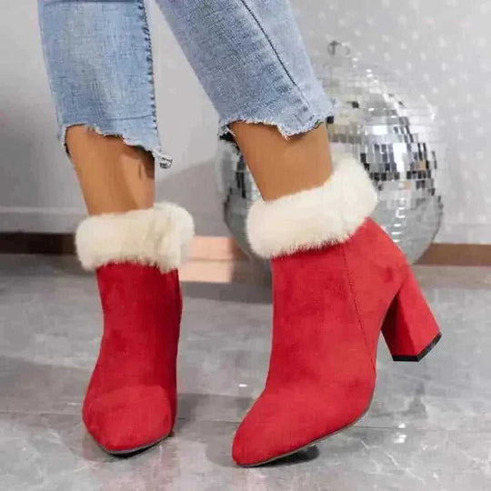suede plush ankle boots | square heel winter boots | plaid print casual shoes | energy saving