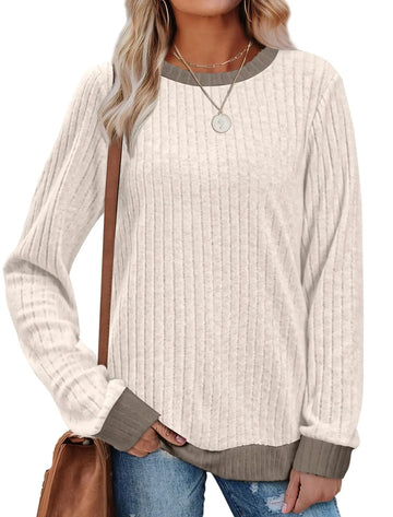 Color Matching Casual Round Neck Pullover Long Sleeve Top