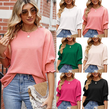 Women's Loose T-shirt With Elastic Sleeves Solid Color Outfit Fashion Tops Clothes 