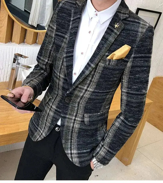 Men's Blazer - Slim Fit Plaid Blazer for Men