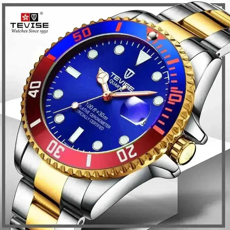 Mens Watches TEVISE Quartz Wrist Watch Waterproof Sport Business Gold Blue - color variant display