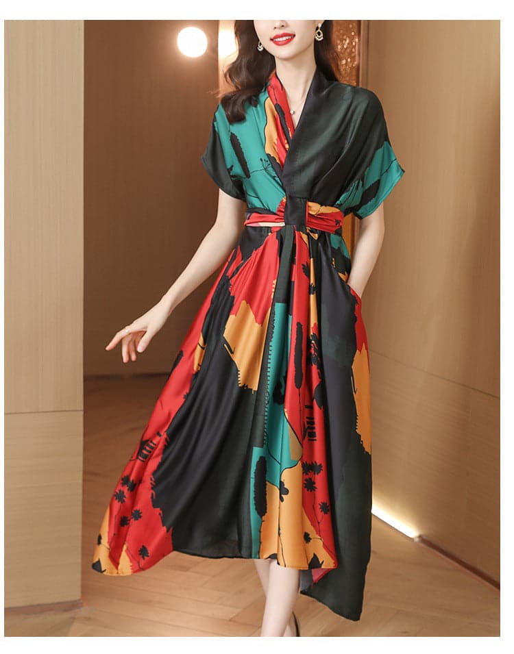 Simple Women's Clothing Short Sleeve Printed Large Swing Dress Meifu Market
