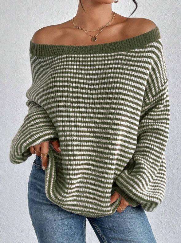 Women's Off-neck Shoulder-baring Sweater Contrast Color Meifu Market