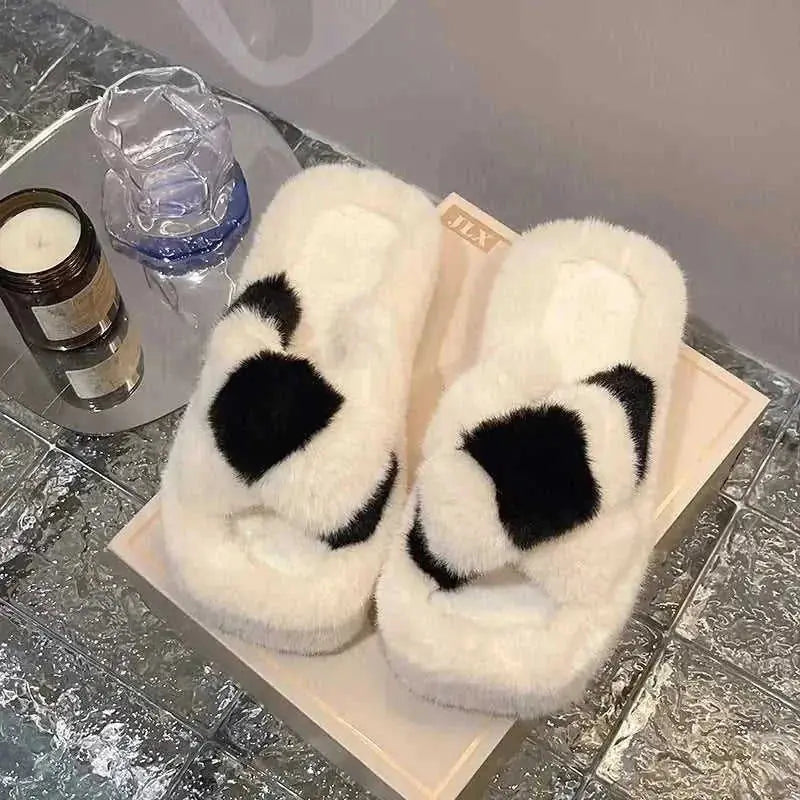 cross-strap fuzzy slippers | 5cm heel house shoes | plush indoor slippers women | ultrasonic cleaning