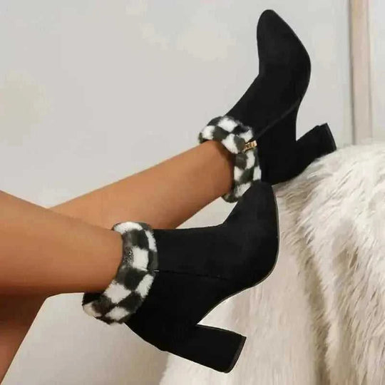 suede plush ankle boots | square heel winter boots | plaid print casual shoes | energy saving