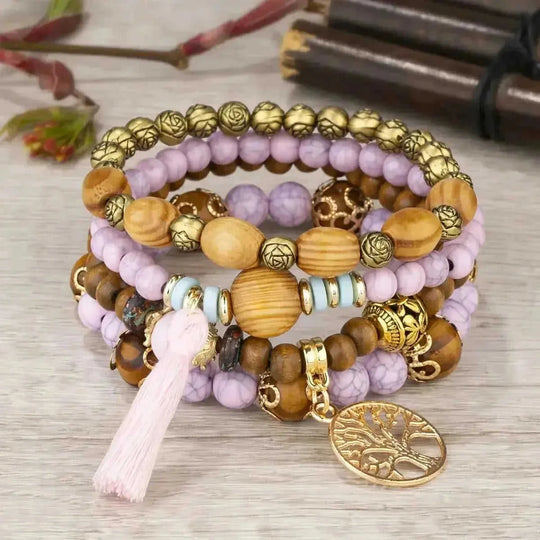 elastic bangle bracelet set | wooden beads jewelry | adjustable tree of life bracelet | ultrasonic cleaning
