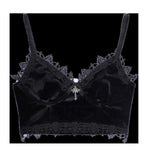 Velvet Y2K Mall Goth Crop Tops Black Lace Trim Emo