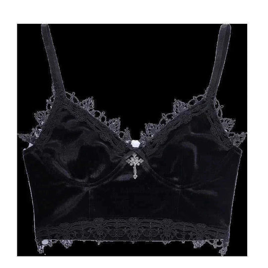 black velvet crop top | lace trim emo top | y2k goth fashion | ultrasonic cleaning