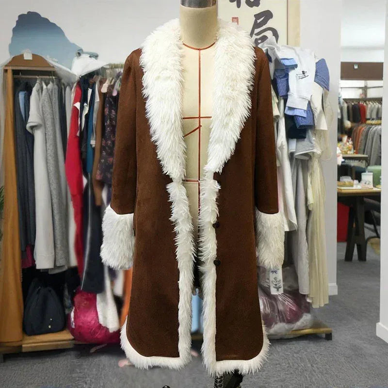 Vintage Women's Long Plush Coat With Fur Collar, Winter Warm Thick Trench Jacket For Formal & Casual Meifu Market