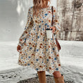 Women's Floral Print Boho Dress, Round Neck Smocked Cuff Sleeve Midi Dress With Patchwork Design For Spring And Fall Meifu Market
