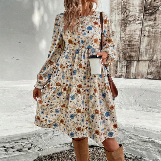 Women's Floral Print Boho Dress, Round Neck Smocked Cuff Sleeve Midi Dress With Patchwork Design For Spring And Fall