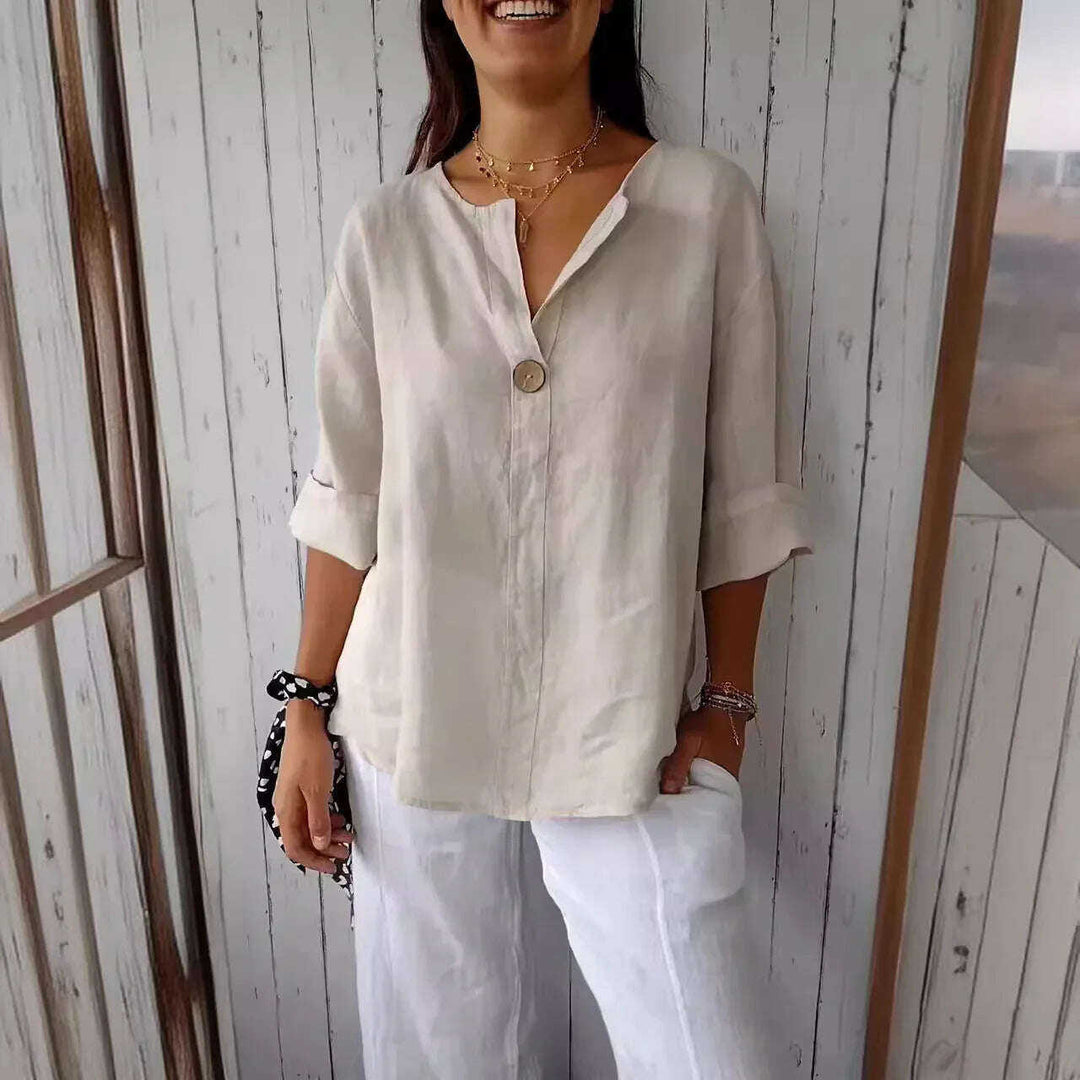 V-neck Long-sleeved T-shirt Fashion Loose Cotton And Linen Button Tops For Women Meifu Market