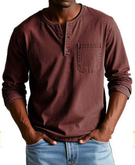 V-neck Long-sleeved T-shirt With Button Design Fashion Casual Solid Color Pullover Top Men's Clothing Meifu Market