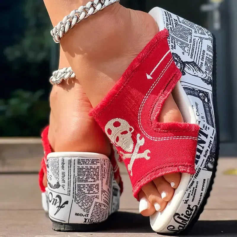 Newspaper Skull Original Hem Platform Wedge Slides - Anklet Not Included Meifu Market