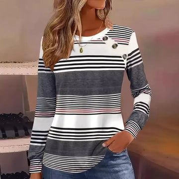 Casual Button Striped Long Sleeve Women's T-shirt Meifu Market