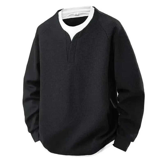 Contrast Colors False-two-piece Trendy V-neck Waffle Sweater Casual All-matching Tops Black - reverse side showing constru...