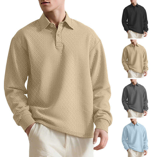 Jacquard Polo Sweater — Men's Loose-Fit Long Sleeve Knitwear