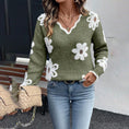 Women's Fall Floral Pattern V-Neck Sweater, Long Sleeve Pullover With Scallop Trim Casual Dressy Top Meifu Market
