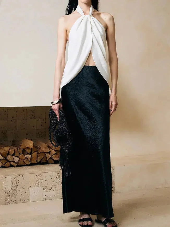 halter neck tank top | ribbed knit fabric | stretchy cotton blend | ultrasonic cleaning