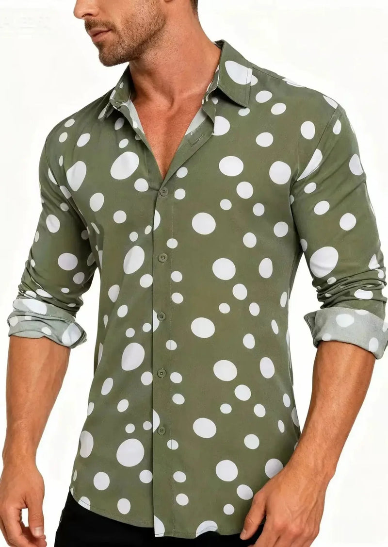 long sleeve polka dot shirt | cotton blend casual shirt | mens button down shirt | energy saving