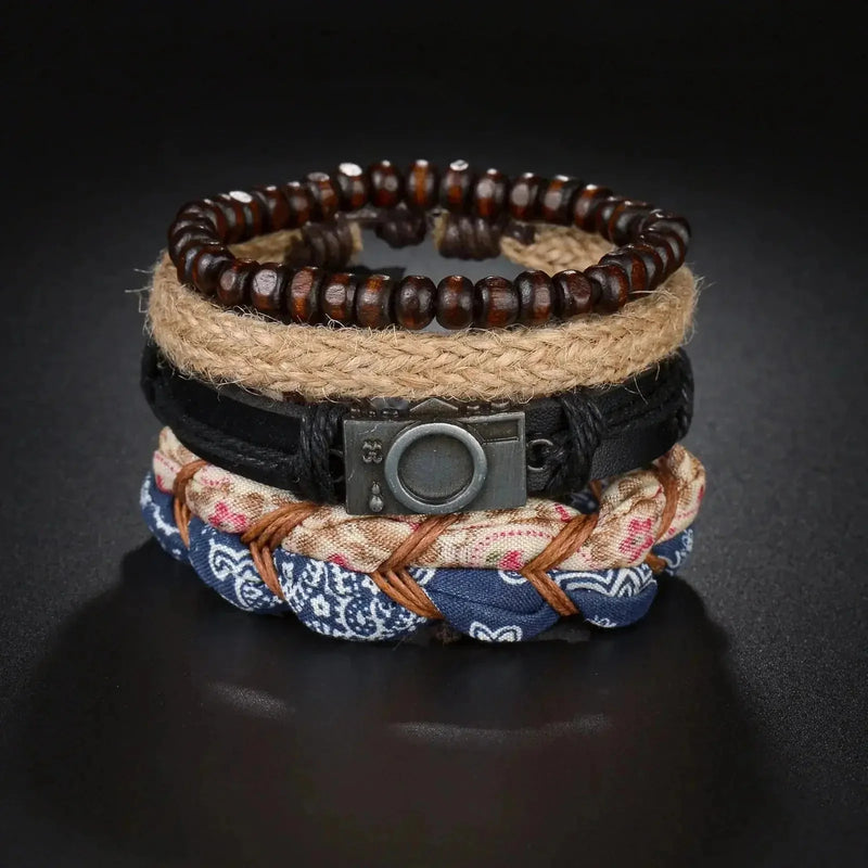 braided leather bracelet for men | vintage charm wood beads | adjustable wrap wristband | ultrasonic cleaning