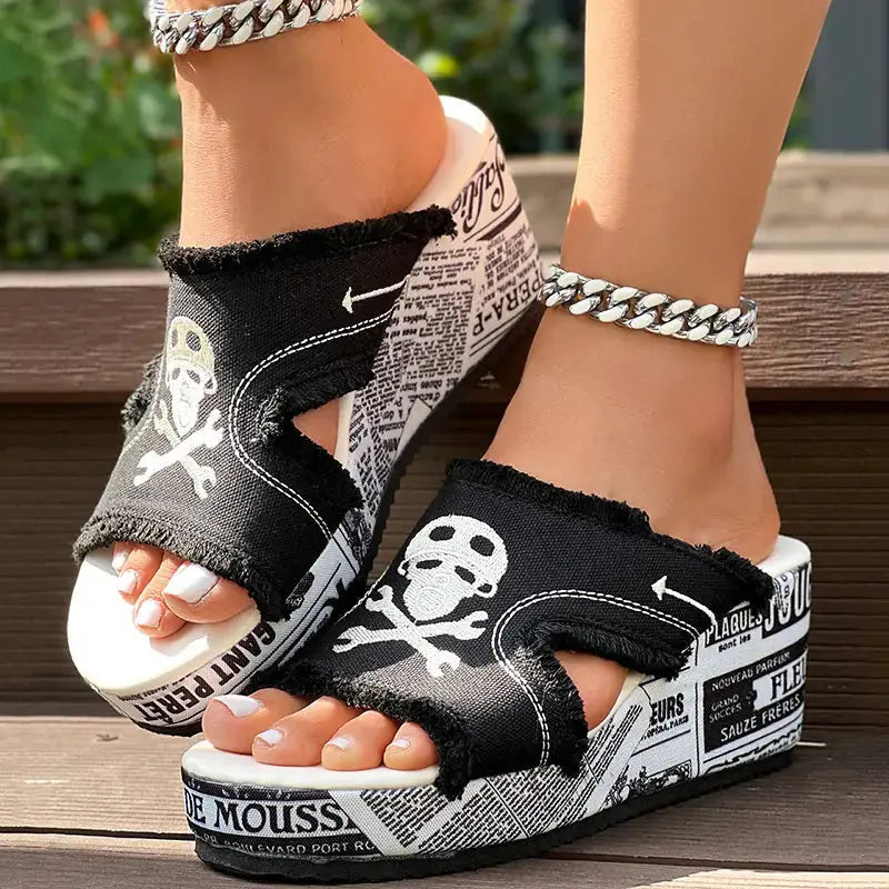 Newspaper Skull Original Hem Platform Wedge Slides - Anklet Not Included Meifu Market