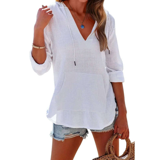 V-neck Hooded Shirt With Pockets Fashion Sports Long-sleeved Split Shirts Tops For Women Clothing Meifu Market