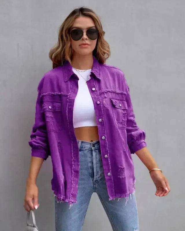 distressed denim jacket | ripped jean shirt | oversized shirt jacket | energy saving