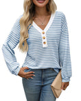 Women's V-neck Buttons Pullover Patchwork Casual Long-sleeved Top Meifu Market